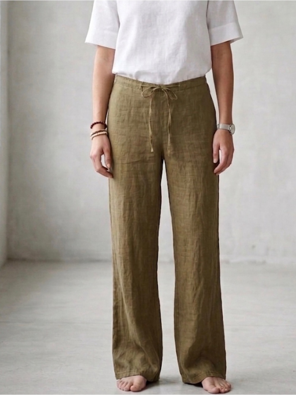 Zara NWT 100% Linen Olive Drawstring Wide Leg Pants Size 8